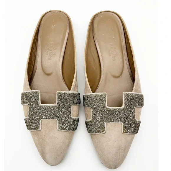 HERMES Beige Suede Leather Mules Flats Slip On Shoes Sz 35 1/2 - Picture 2 of 7